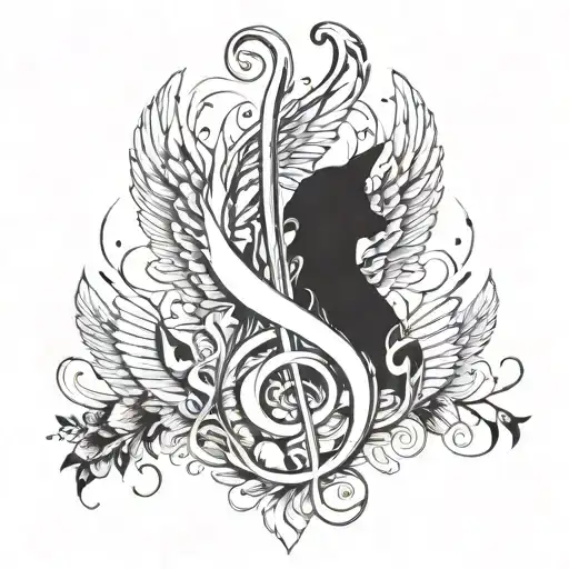 A Tattoo Design Featuring Musical Notes Intertwined With Angel Wings In A Dog Paw