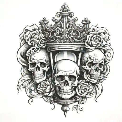 Hour Glass With Four Skulls And Crown Surrounded