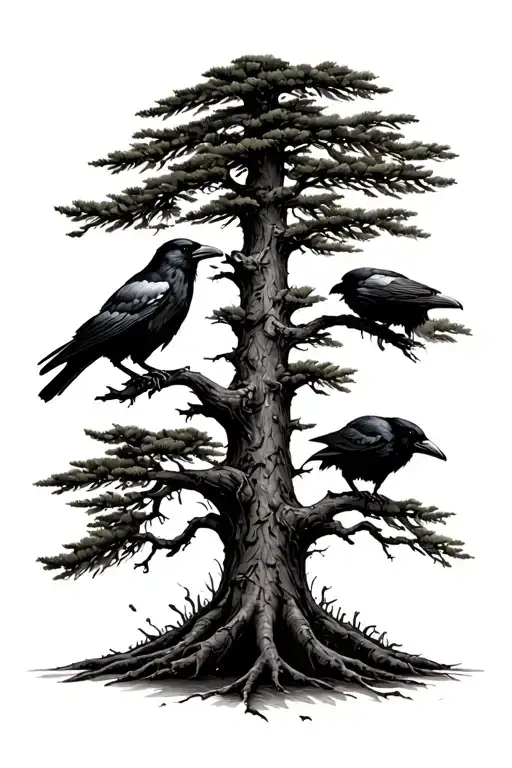 Slender Pine Tree With Ravens Perched