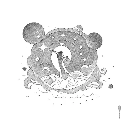 A Celestial Scene Of A Father And Son Walking Hand In Hand In The Clouds