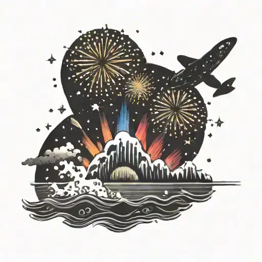 A Night Sky With Colourful Fireworks Going Off Above The Sea