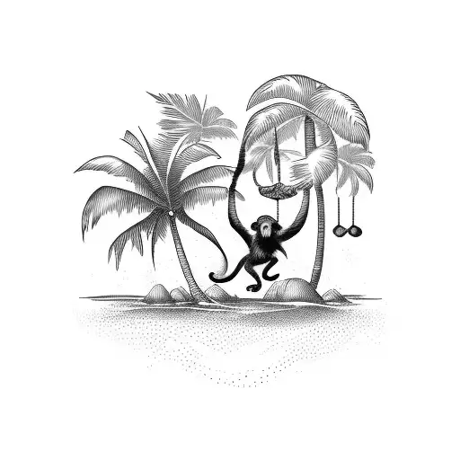 A Monkey Swinging From A Palm Tree On A Tropical Beach
