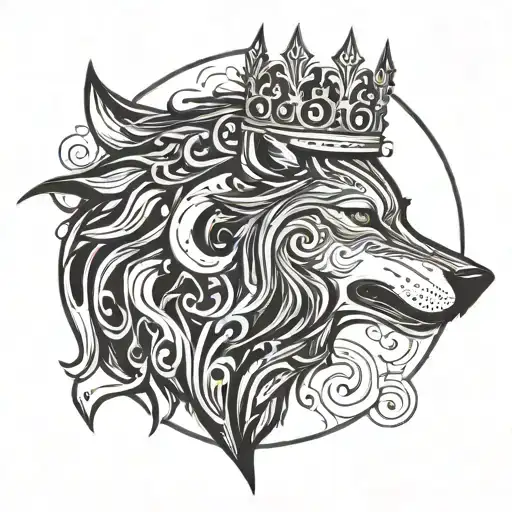 A Stylized Blackwork Design Of A Wolf Howling At The Moon With A Crown On Its Head