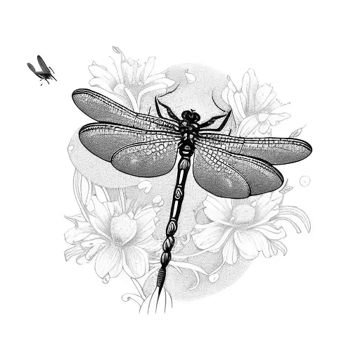 A Mystical Garden Scene With A Dragonfly Hovering Over A Bed Of Vibrant Flowers