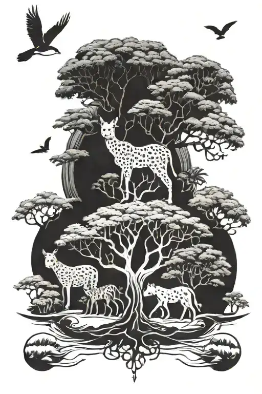 Acacia Tree With 6 Small African Animals Underneath