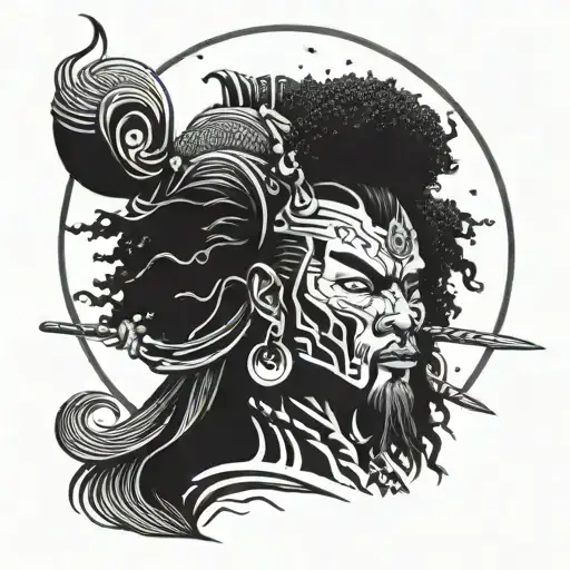 Ronin Samurai Afro Long Hair With Moon And Pointed Hat