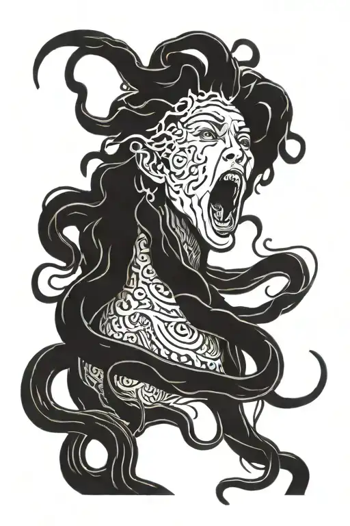 Medusa Facing Left And Screaming Surrounded By Snake Hair In Woodcut Style