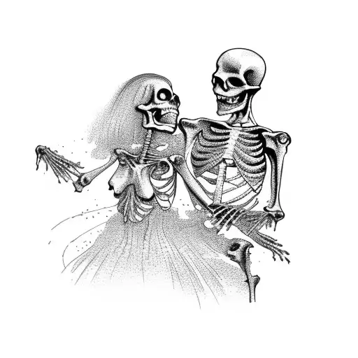 A Man Skeleton And A Black Nude Woman Dancing Together In A Passionate Embrace