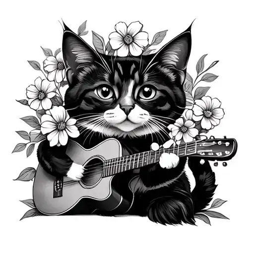 A Cat Playing A Guitar Surrounded By Blooming Flowers
