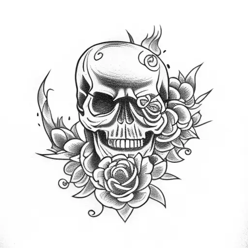 Skull With Flowers And Flames