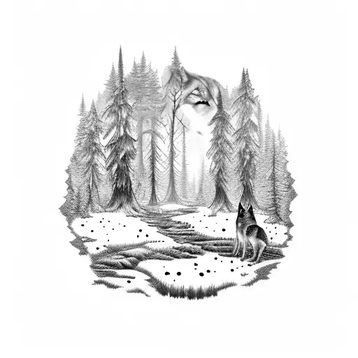 Whimsical Forest Landscape With A Wolf Leading The Way