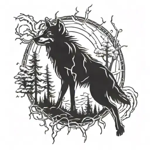 Wolf In The Woods With Lightning Striking