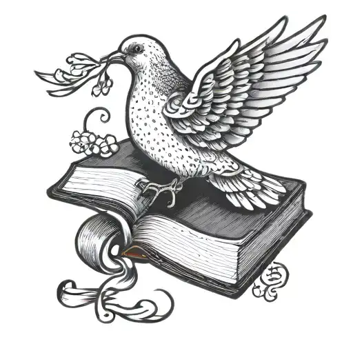 A Detailed Blackwork Tattoo Of A Dove Carrying An Open Bible In Its Beak