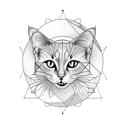 Black Cat Sitting Facing Back And It's Hanging Tail Becomes A Geometric Style Spiral