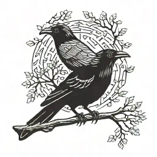 Combine Nordic Runes With A Black Crow Bird Perched On A Nordic Tree