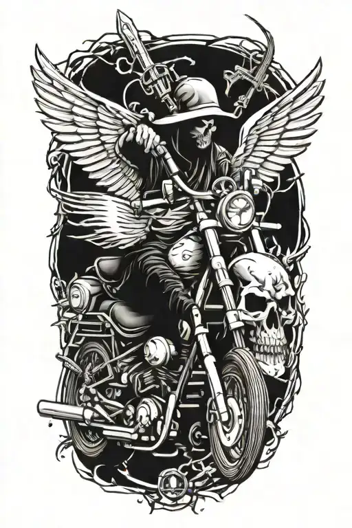 Harley Style With Railroad Tracks Down The Center With Grim Reaper Skulls And Motorcycle Engines