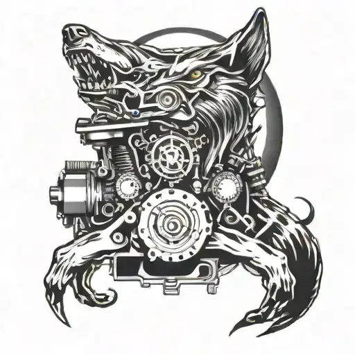 Incorporate A Vintage Car Engine Intertwined With A Wolf Howling At The Moon