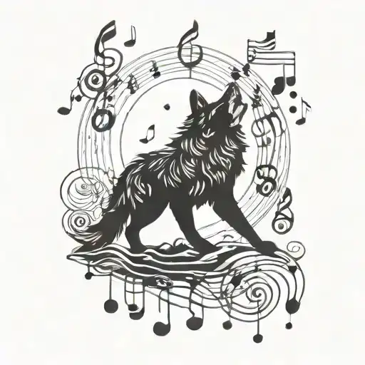 A Wolf Howling At A Full Moon While Surrounded By Musical Notes And Symbols