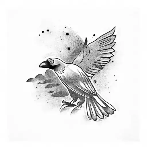 Crow With Its Wings Open On Lower Thing Above Knee Cap