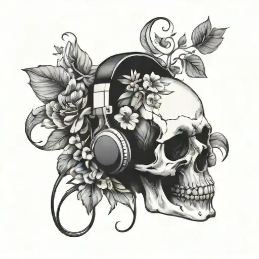 A Skull With Headphones Surrounded By Music Notes And Flowers