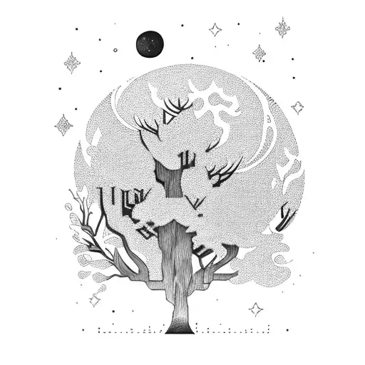 An Intricate Tattoo Of A Moonlit Forest With Gemini Constellation Peeking Through The Trees