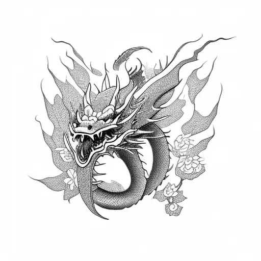 A Majestic Oriental Dragon Intertwined With Blooming Flowers