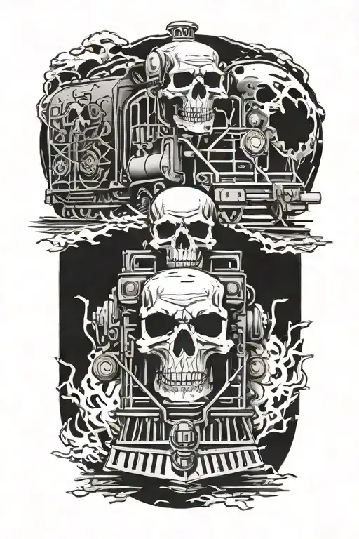 Evil Railroad Train With Grim Reaper Skull And High Horsepower Engines And Camshafts