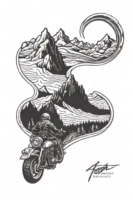 Incorporate A Road Winding Through A Mountain Range With A Motorcycle Cruising Along It