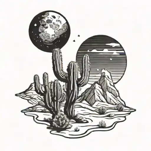 A Minimalist Design Of A Desert Landscape With Cactus And A Crescent Moon In The Night Sky