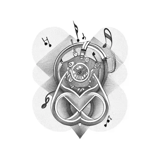 A Mechanical Heart With Music Notes Intertwined In Blackwork Style