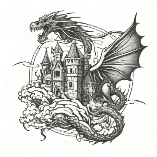 Castle And Dragon Flying