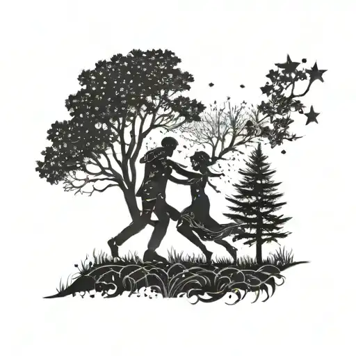 A Silhouette Of A Dancing Couple Under The Stars In A Forest Setting