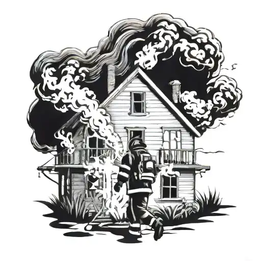 House On Fire With Firefighter Walking Towards House With A Cross