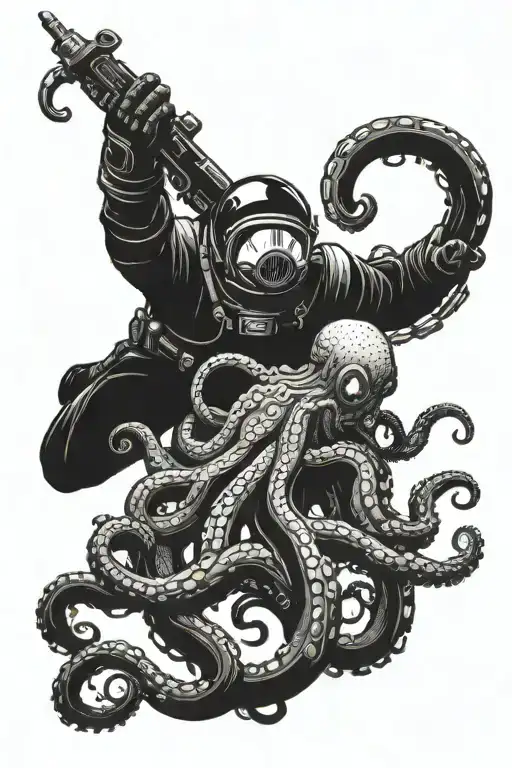 Deep Sea Diver Fighting Giant Octopus