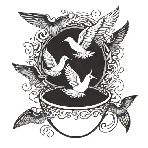 A Coffee Cup Morphing Into A Flock Of Golondrinas Flying Towards The Sun