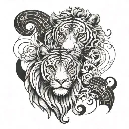 A Lion And Tiger Intertwined In A Musical Composition