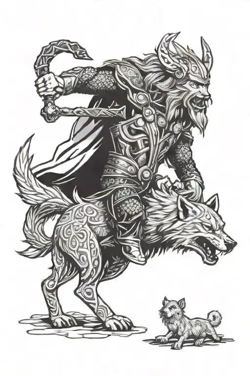 Thor Fighting Fenrir Viking Norse Wolf