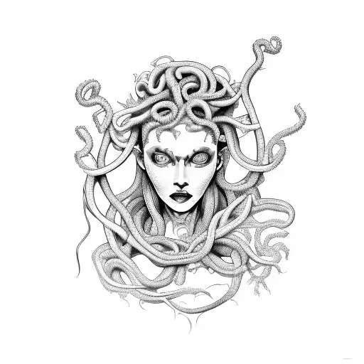 A Modern Interpretation Of Medusa Intertwined With Spider Lillies