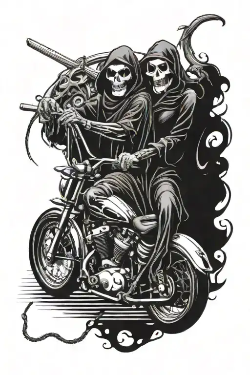 Grim Reaper With Pin Up Girl Riding A Motorcycle