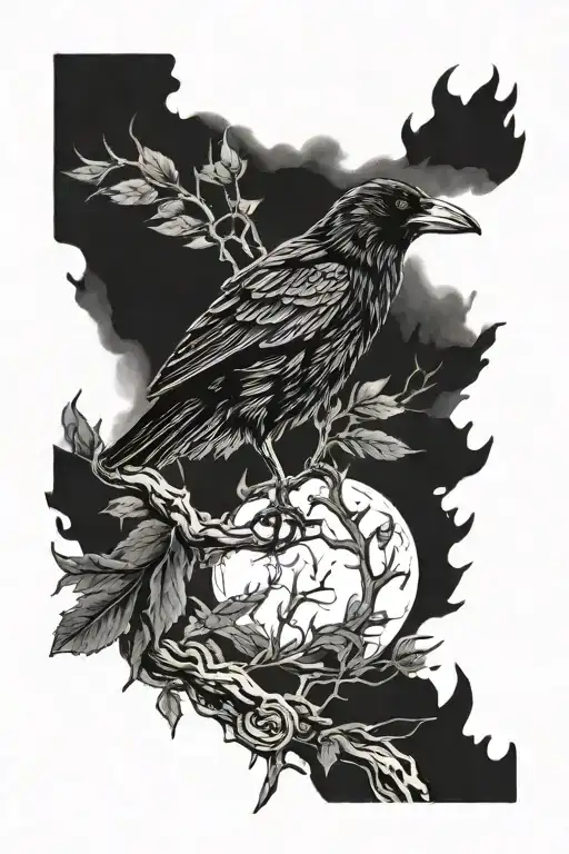 Crow With Smoke Around It And A Full Moon In The Background Sitting On A Leafy Branch