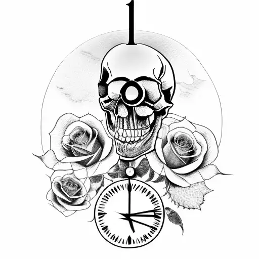 A Surreal Scene Of A Skull Riding A Clock With Roses Blooming Around Them
