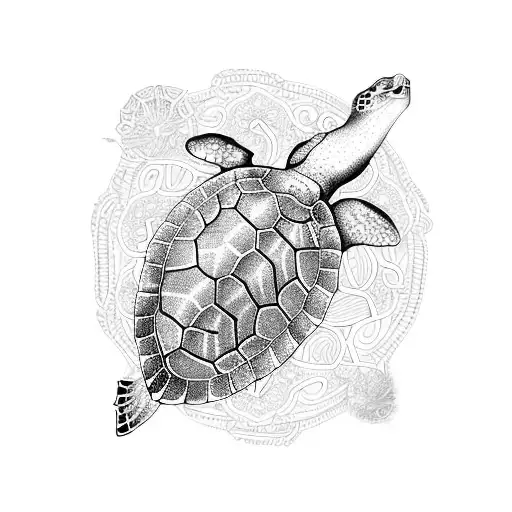 An Intricate Blackwork Design Of A Majestic Sea Turtle Swimming In The Ocean Waves