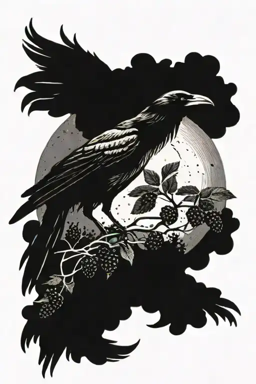Crow With Blackberries Around It And A Full Moon In The Background