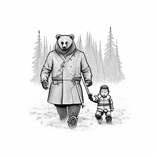 Daddy Bear With A Sword In The Back Walking With His Son In The Woods Holding Paws