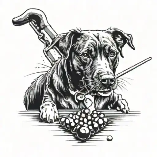 A Realistic Portrait Of A Dog Playing Snooker With A Cue Stick In Its Mouth