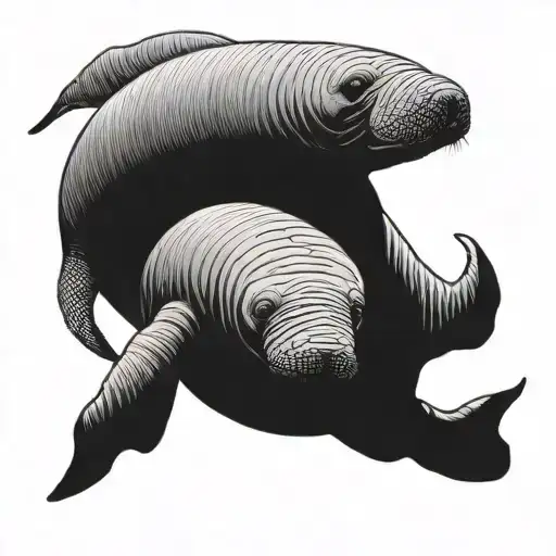 Manatee Mother And Baby Swimming Together