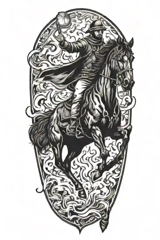 Man Riding Black Horse Goes Through Fire Coming