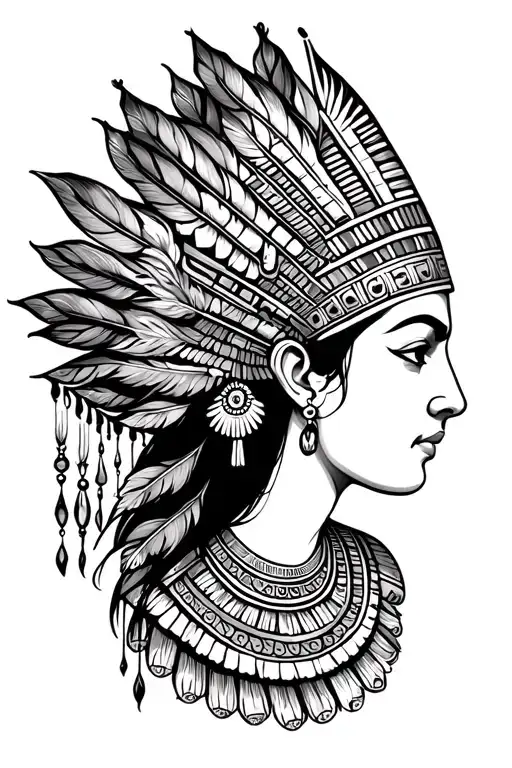 Egyptian Queen Side Profile Illustration Inspired Tattoo With Feathers Coming Down From Headdress
