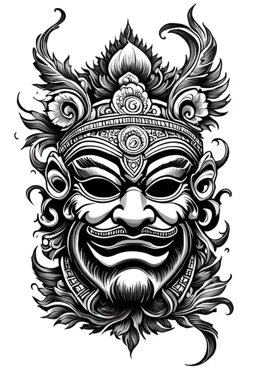 Traditional Nepalese Mask Surrounded By Swirling