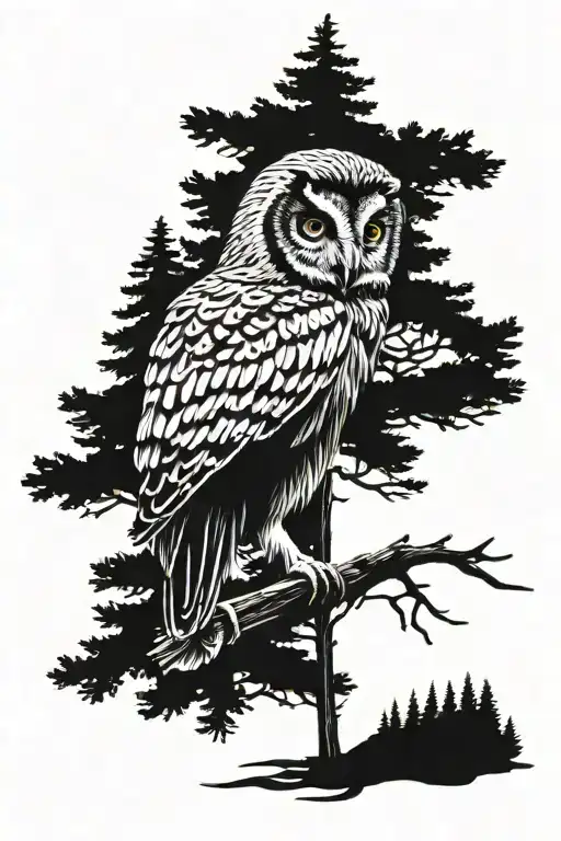 Pine Tree Forest Scene With A Hidden Owl Perched